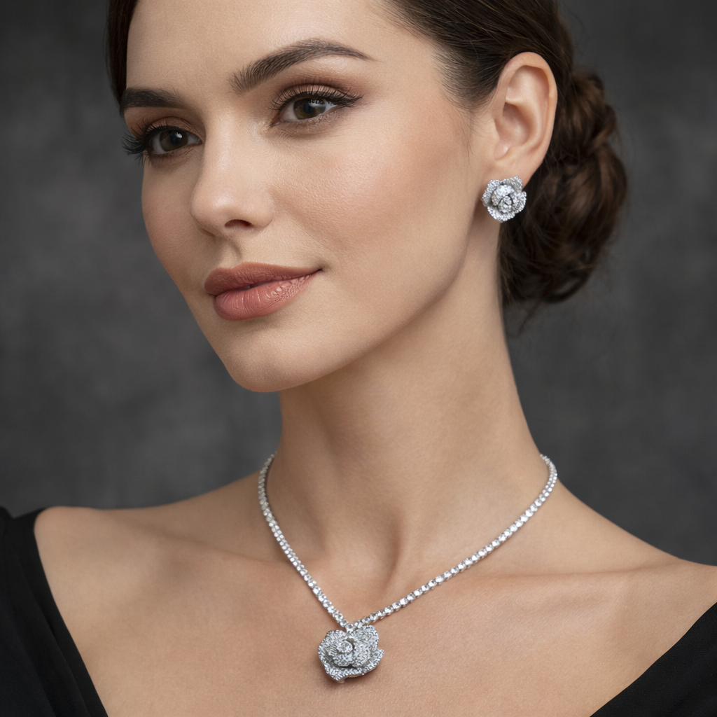 Minimal Rose Pendant & Earring Set – Silver Plated Elegance