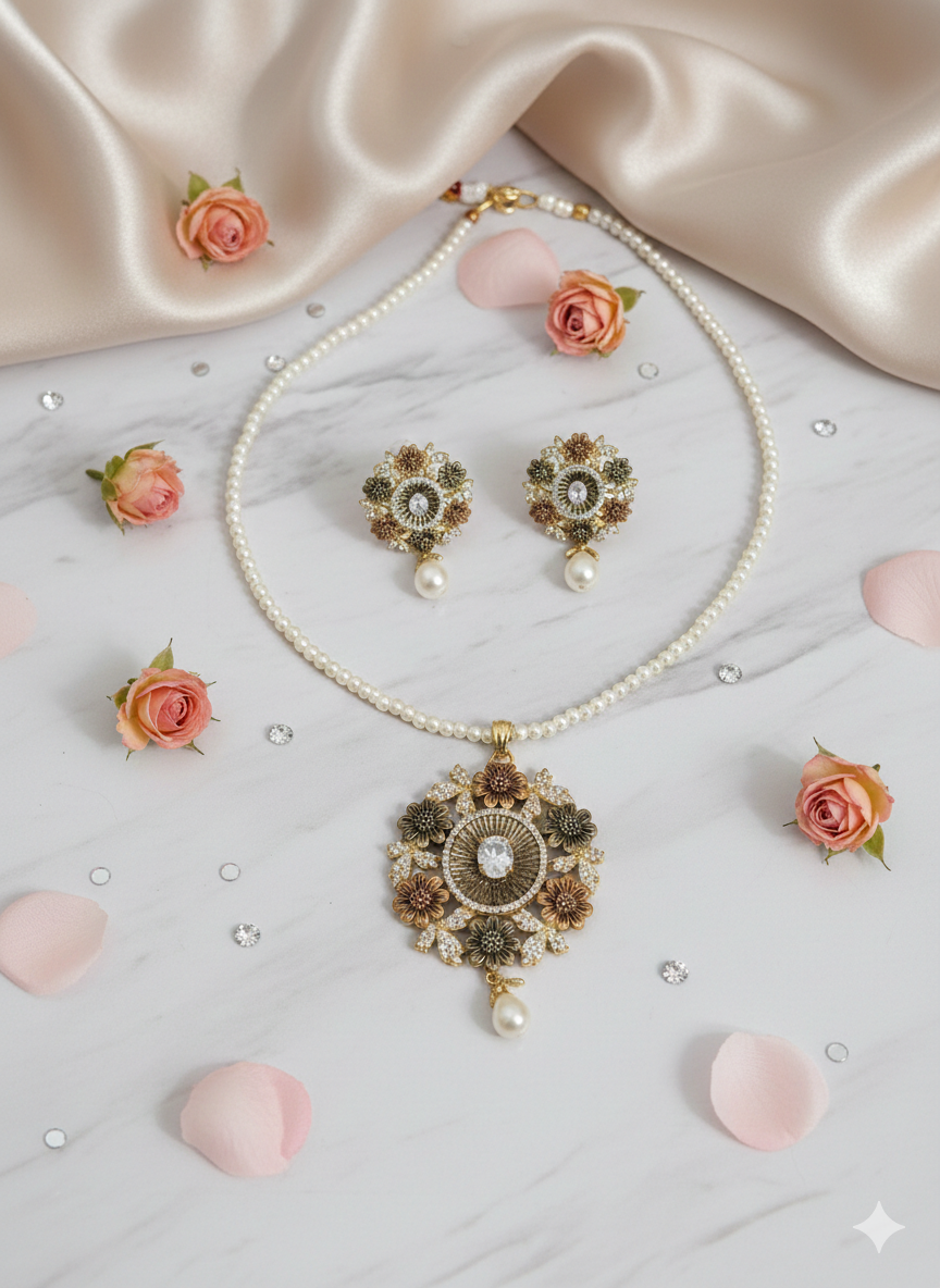 Rhodium-Plated South Indian Heritage Pendant Set