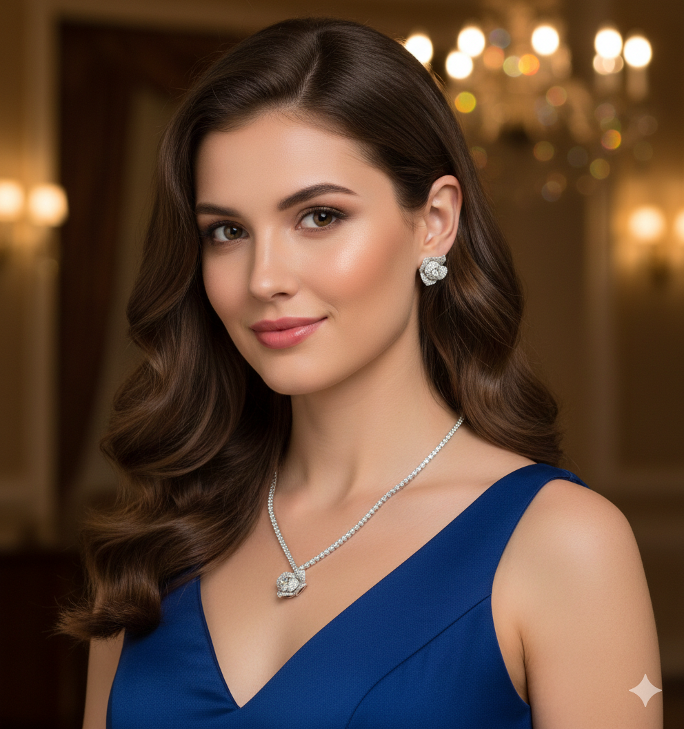 Minimal Rose Pendant & Earring Set – Silver Plated Elegance