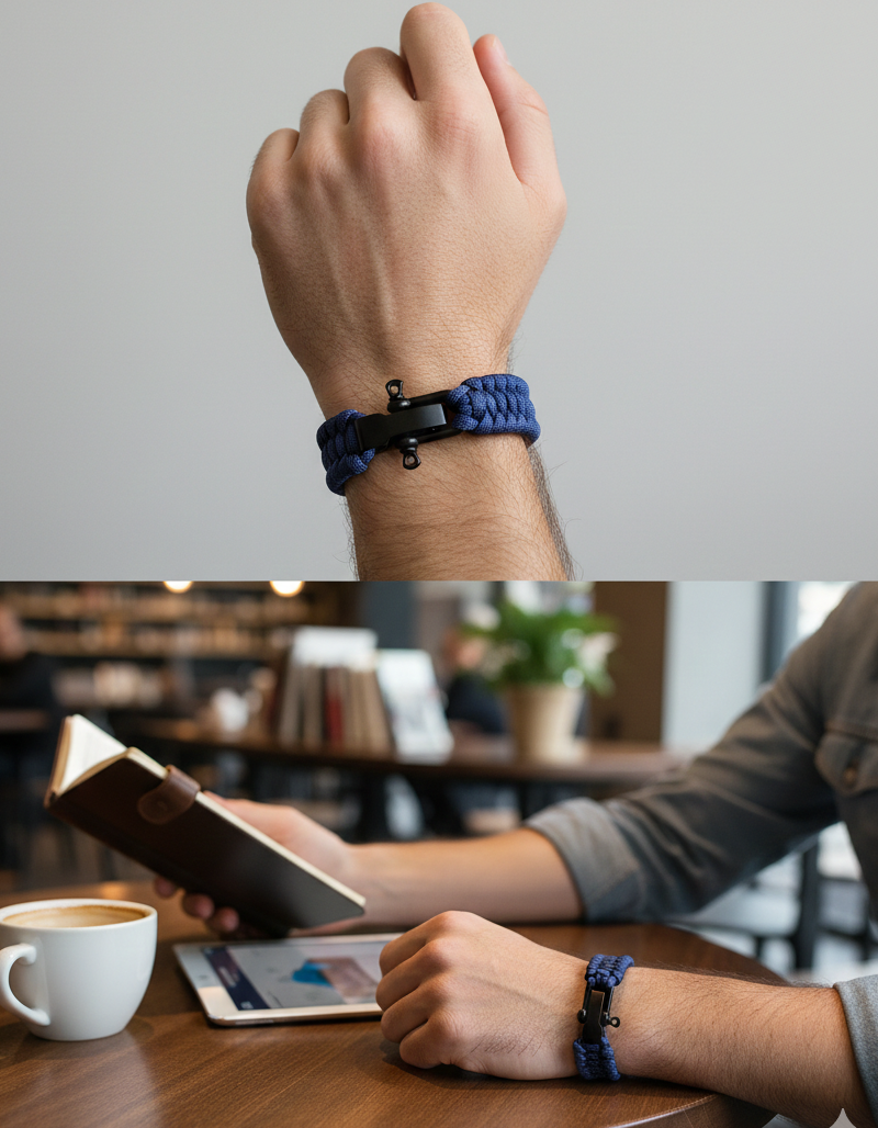 Men’s Tactical Paracord Bracelet with Matte Black Steel Shackle Clasp - Navy, Black, Army Green