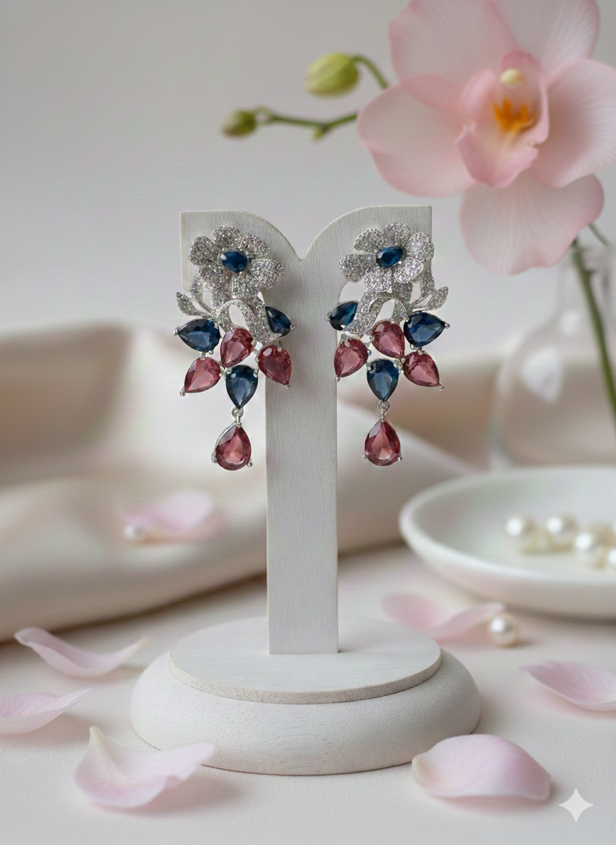 Rhodium-Plated 3D Floral Set
