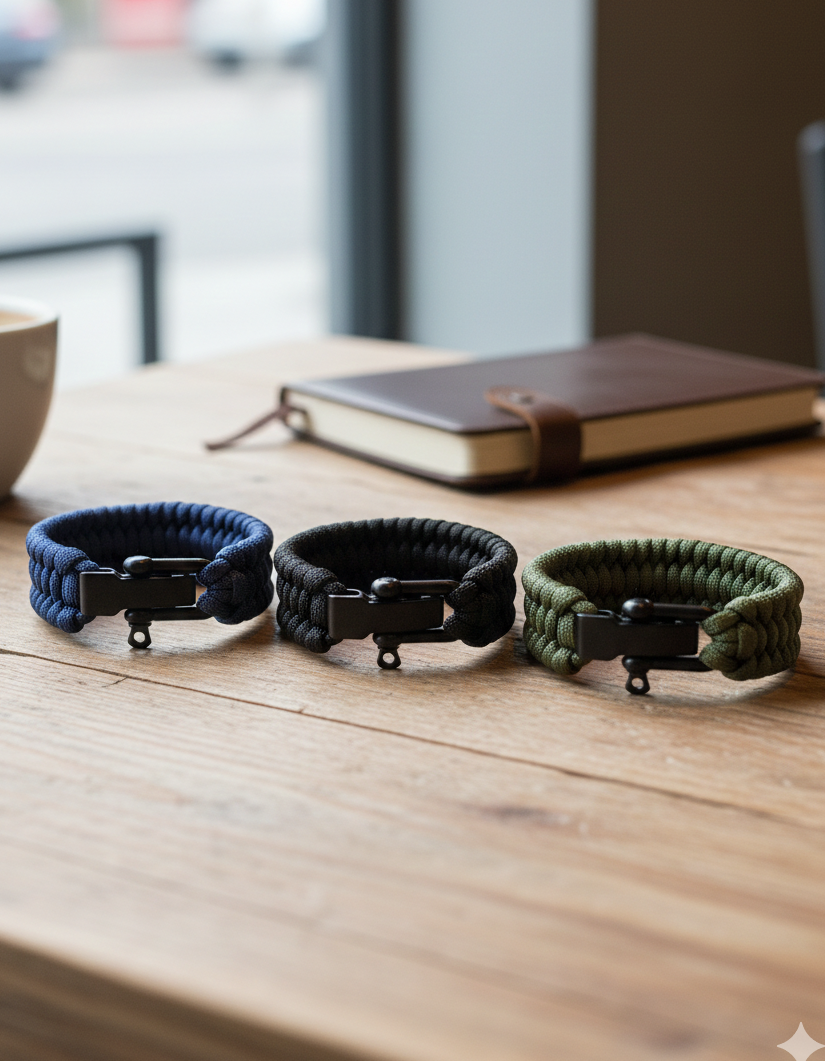 Men’s Tactical Paracord Bracelet with Matte Black Steel Shackle Clasp - Navy, Black, Army Green