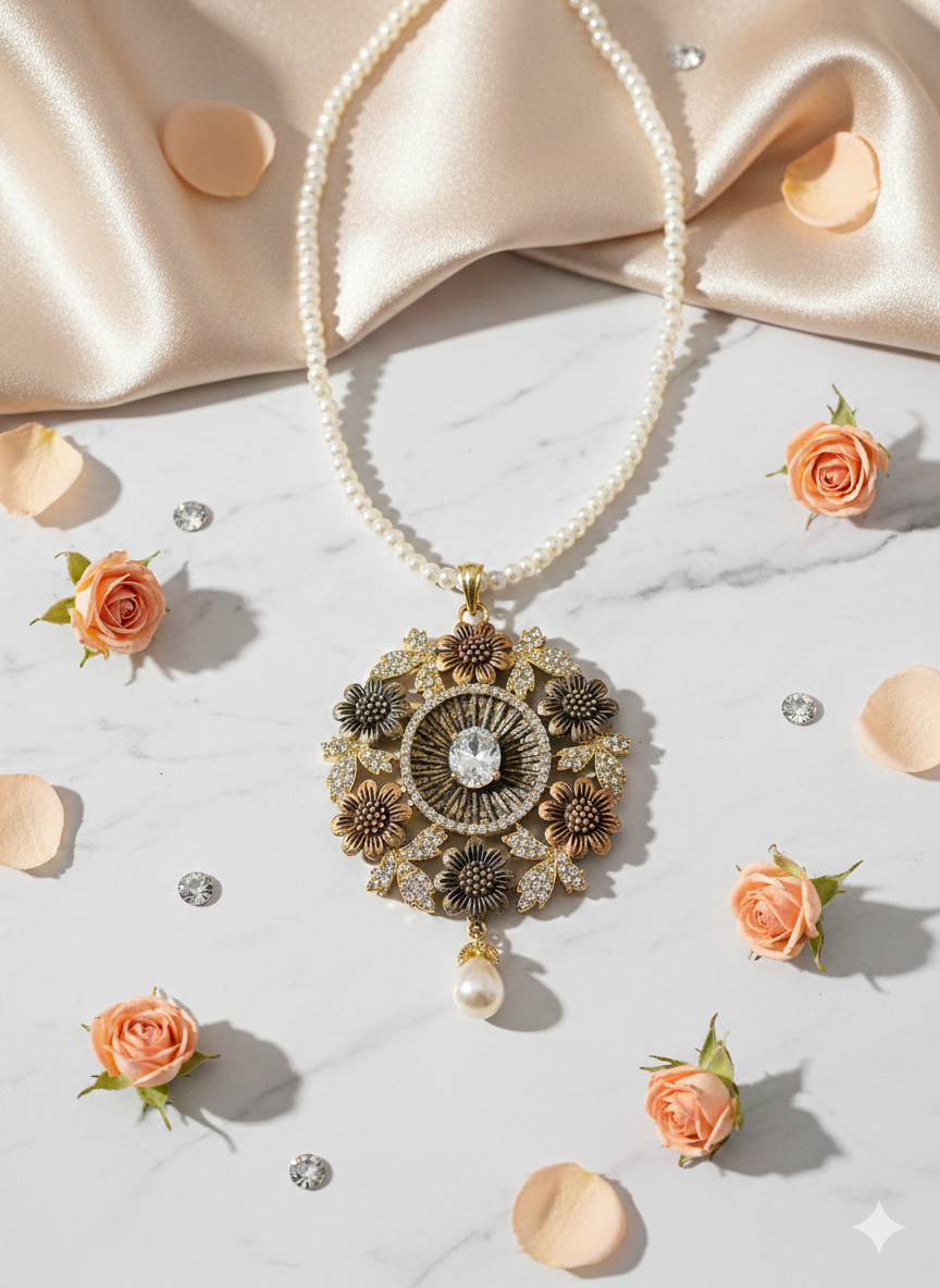 Rhodium-Plated South Indian Heritage Pendant Set