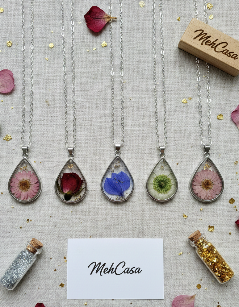 Handcrafted Botanical Resin Teardrop Pendant – Real Pressed Flower Necklace