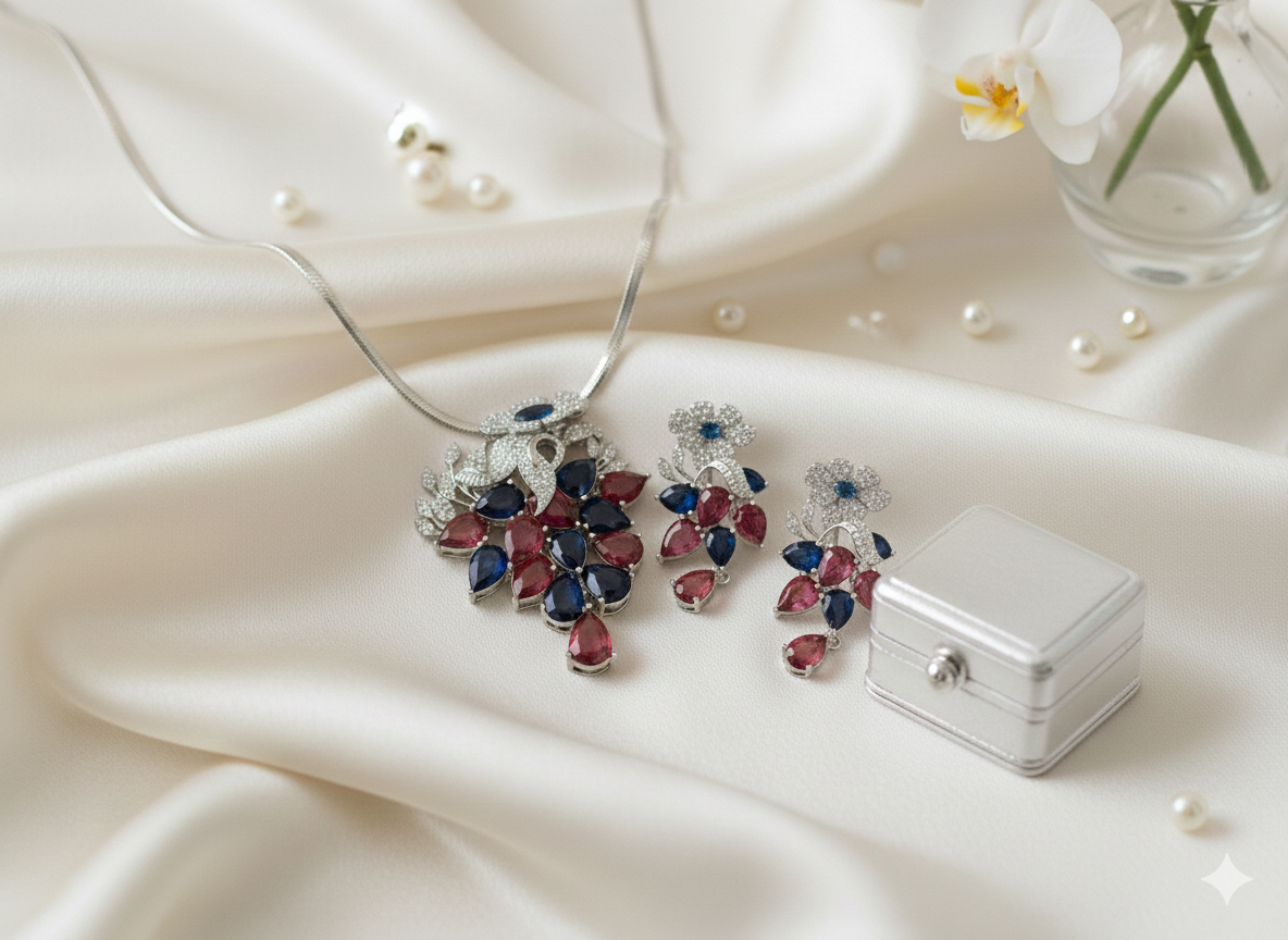 Rhodium-Plated 3D Floral Set