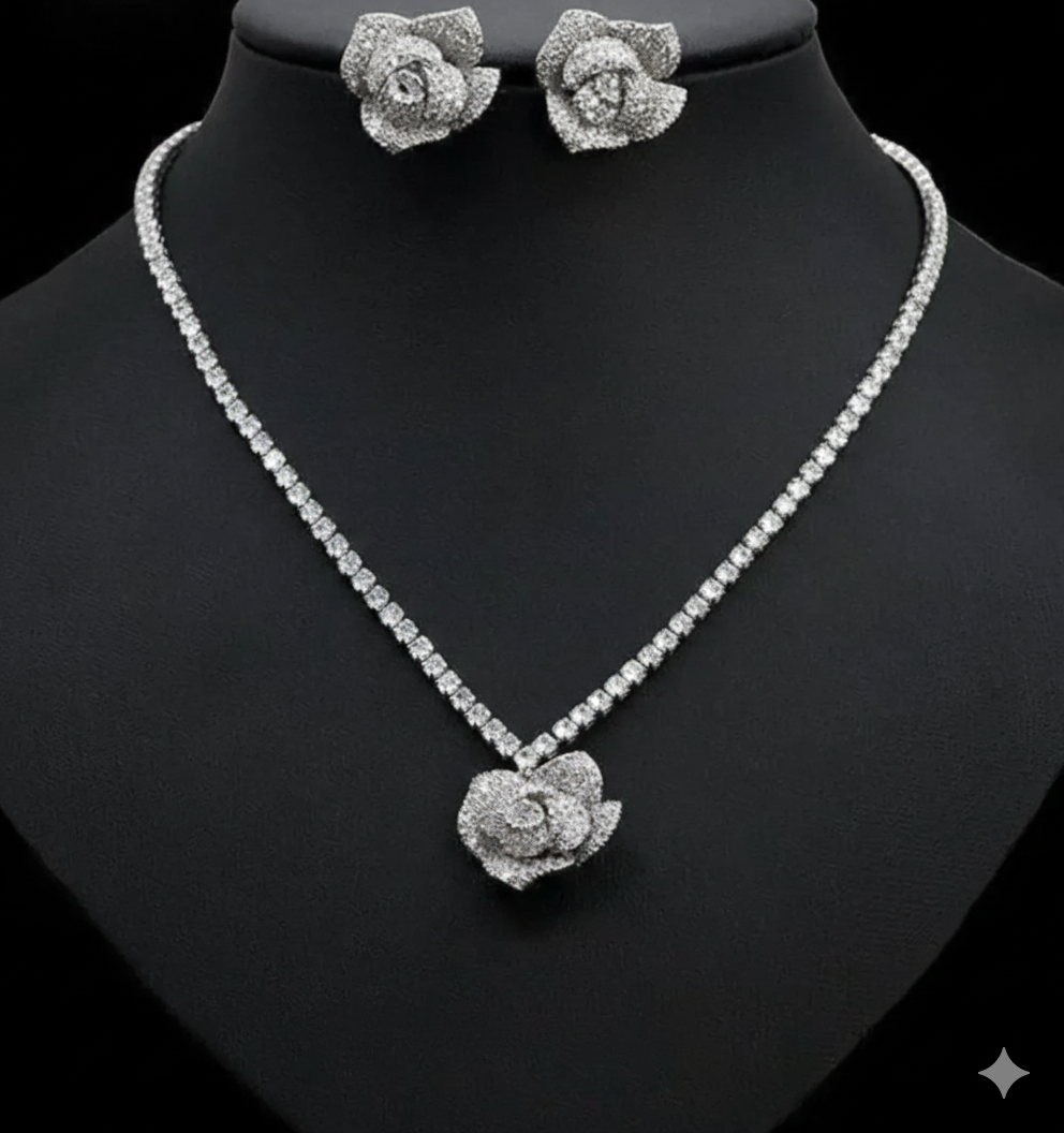 Minimal Rose Pendant & Earring Set – Silver Plated Elegance