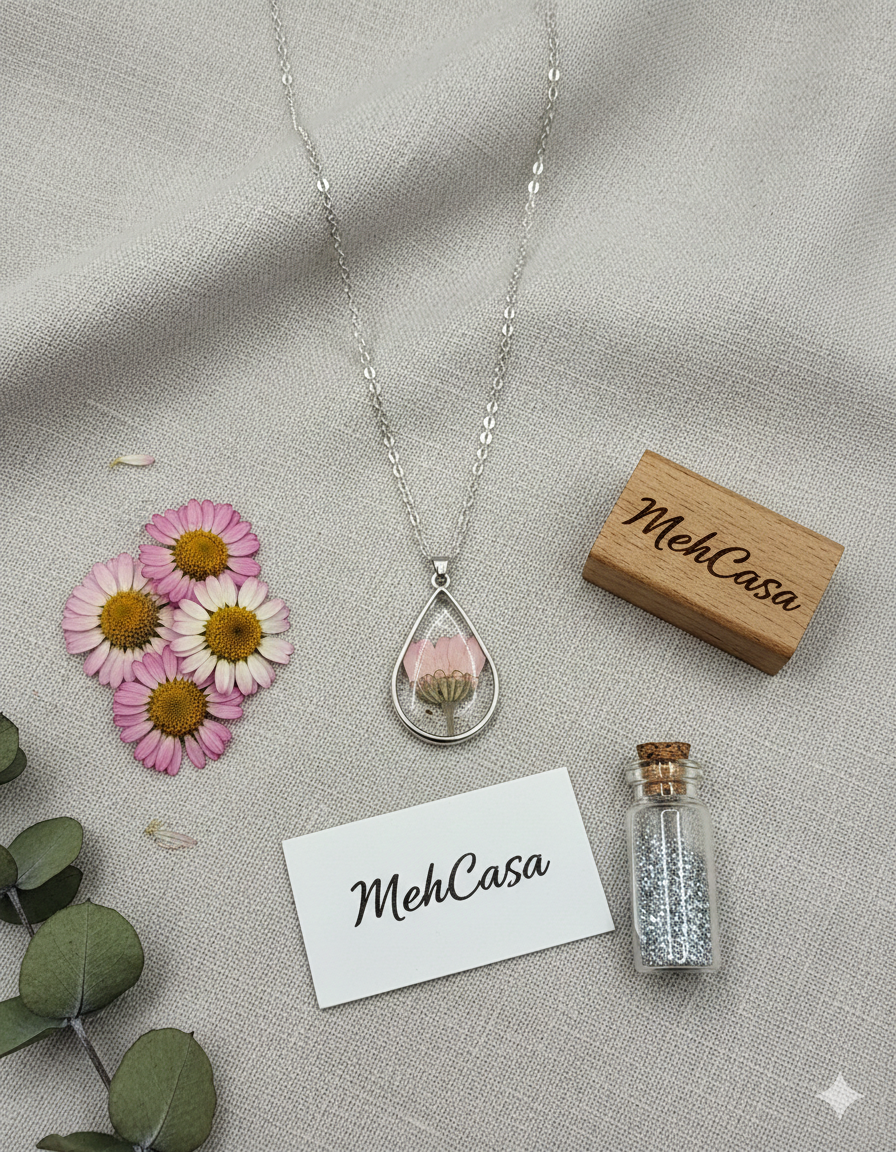 Handcrafted Botanical Resin Teardrop Pendant – Real Pressed Flower Necklace