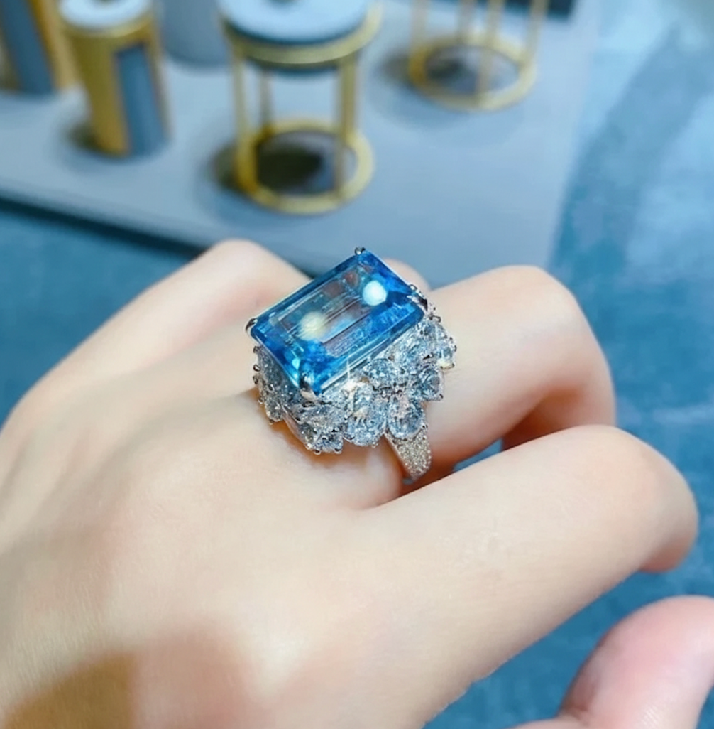 Aqua Flower Cathedral Adjustable Ring